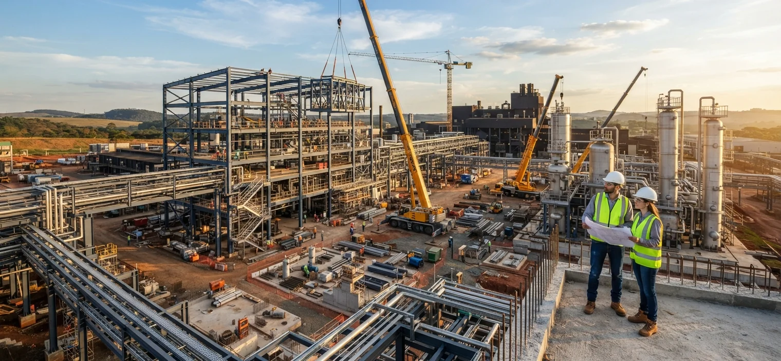 Projeto de expansão industrial com estruturas metálicas, tubulações, guindastes e engenheiros analisando a planta