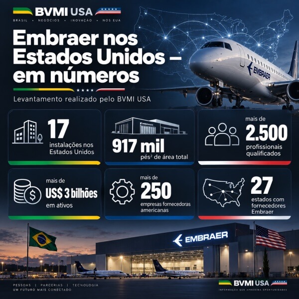 Embraer nos Estados Unidos amplia plataforma industrial entre produção na Flórida e novo centro de manutenção no Texas