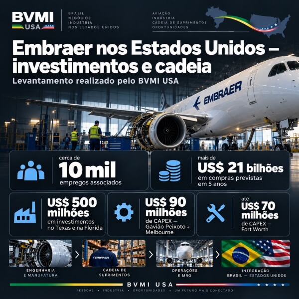 Embraer nos Estados Unidos amplia plataforma industrial entre produção na Flórida e novo centro de manutenção no Texas